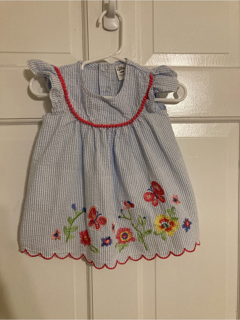 Baby Essentials Blue Seersucker Dress with Floral & Butterfly Embroidery